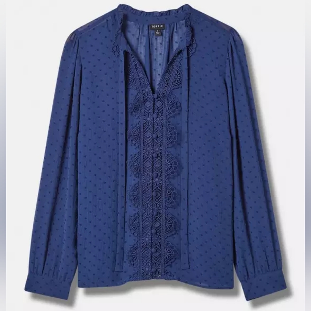 NWT Torrid Blue Chiffon Clip Dot Ruffle Neck Tie Front Top